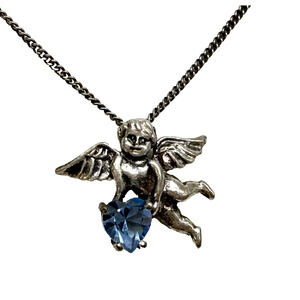 Sterling Silver Pendant Necklace 925 Cherub Heart Blue CZ Gem 19 inch Curb Chain